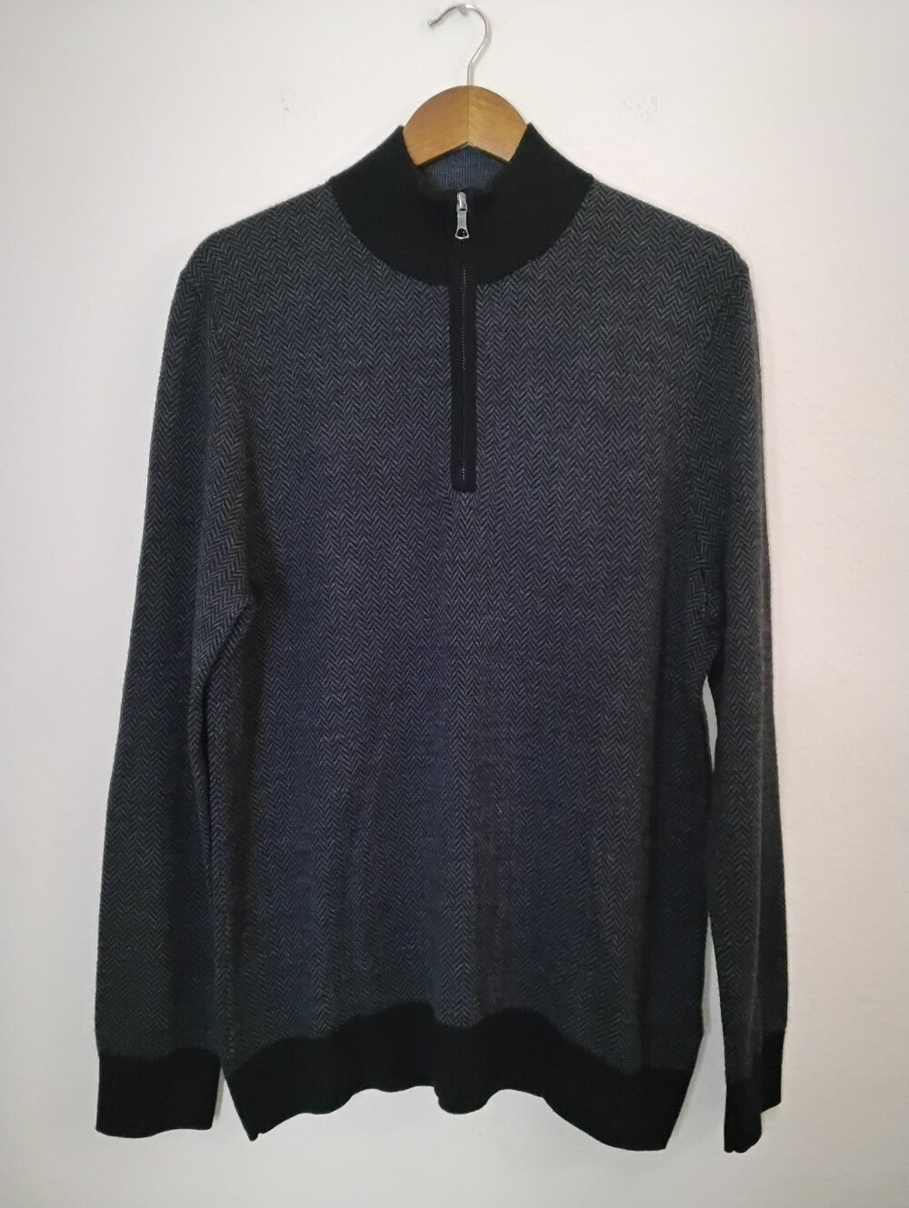 Brooks Brothers Merino Wool 1/4 Zip‎ Mens Large Grey Black Herringbone Pullover